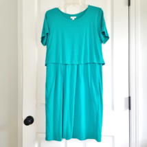 J Jill Layered Jersey Knit Midi Dress M Teal Green Short Sleeve Button Back - £18.30 GBP