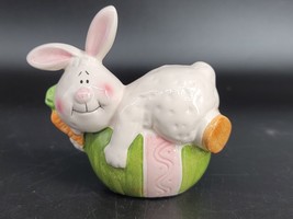 Bunny on Egg Porcelain Figurine Rabbit with Carrot On Green and Pink Easter Egg - £9.58 GBP
