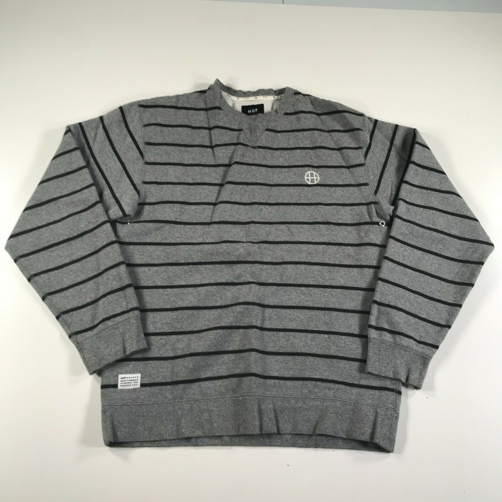 Primary image for HUF Sweatshirt Mens Medium Heather Gray Black Striped Chest Logo Cotton Blend