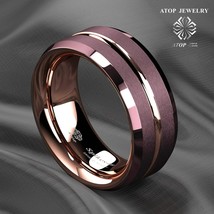 8mm Brushed Brown Tungsten Mens Ring Rose Gold Groove Stripe ATOP Wedding Band - £23.97 GBP