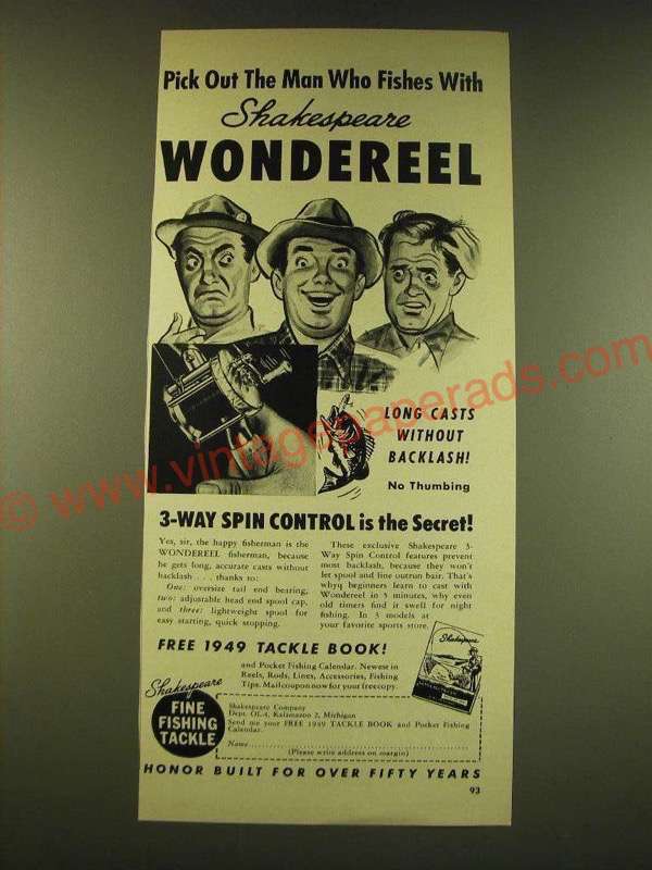 1949 Shakespeare Wondereel Ad - Pick out the man who fishes with Shakespeare  - $18.49