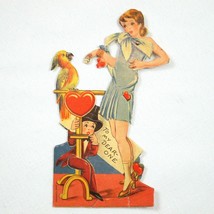 Vintage 1931 Valentine Card Girl w/ Parrot Mechanical Moving Arms &amp; Boy Germany - £23.50 GBP