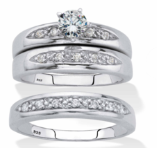 Round Cz His Hers Bridal 3 Ring Set Platinum Sterling Silver 6 7 8 9 10 - £317.95 GBP