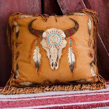 Deer Suede Leather Tatonka Buffalo Skull Pillow 16&quot; X 16&quot;, Handmade Hand Painted - £197.04 GBP