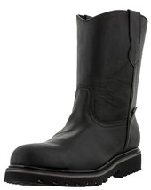 Mens Black Work Boots Real Leather Rubber Soles Safety Steel Toe Pull On... - $59.39