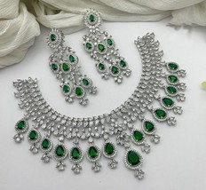 Bollywood Indian Silver Plated CZ AD Chain Necklace Earrings Emerald Jewelry Set - £114.27 GBP