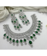 Bollywood Indian Silver Plated CZ AD Chain Necklace Earrings Emerald Jew... - £112.08 GBP