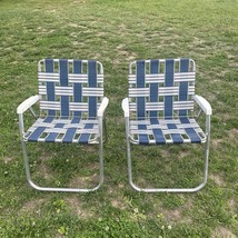 Pair of Vintage Folding Aluminum Lawn Patio Pool Chair Camping Blue White Webbed - £44.82 GBP