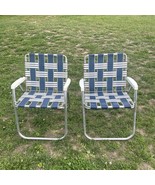 Pair of Vintage Folding Aluminum Lawn Patio Pool Chair Camping Blue Whit... - £44.92 GBP