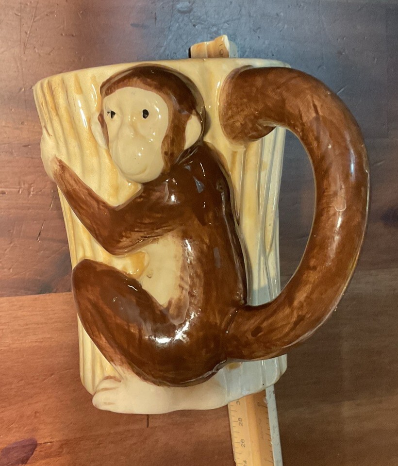 Pier 1 Imports Monkey Hug Mug  Hand Painted Dolomite Stoneware Chimp Tail Handle Item image 3