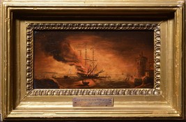 Attr. French master night fire on sailing ship in port 18C antique oil - £1,423.74 GBP