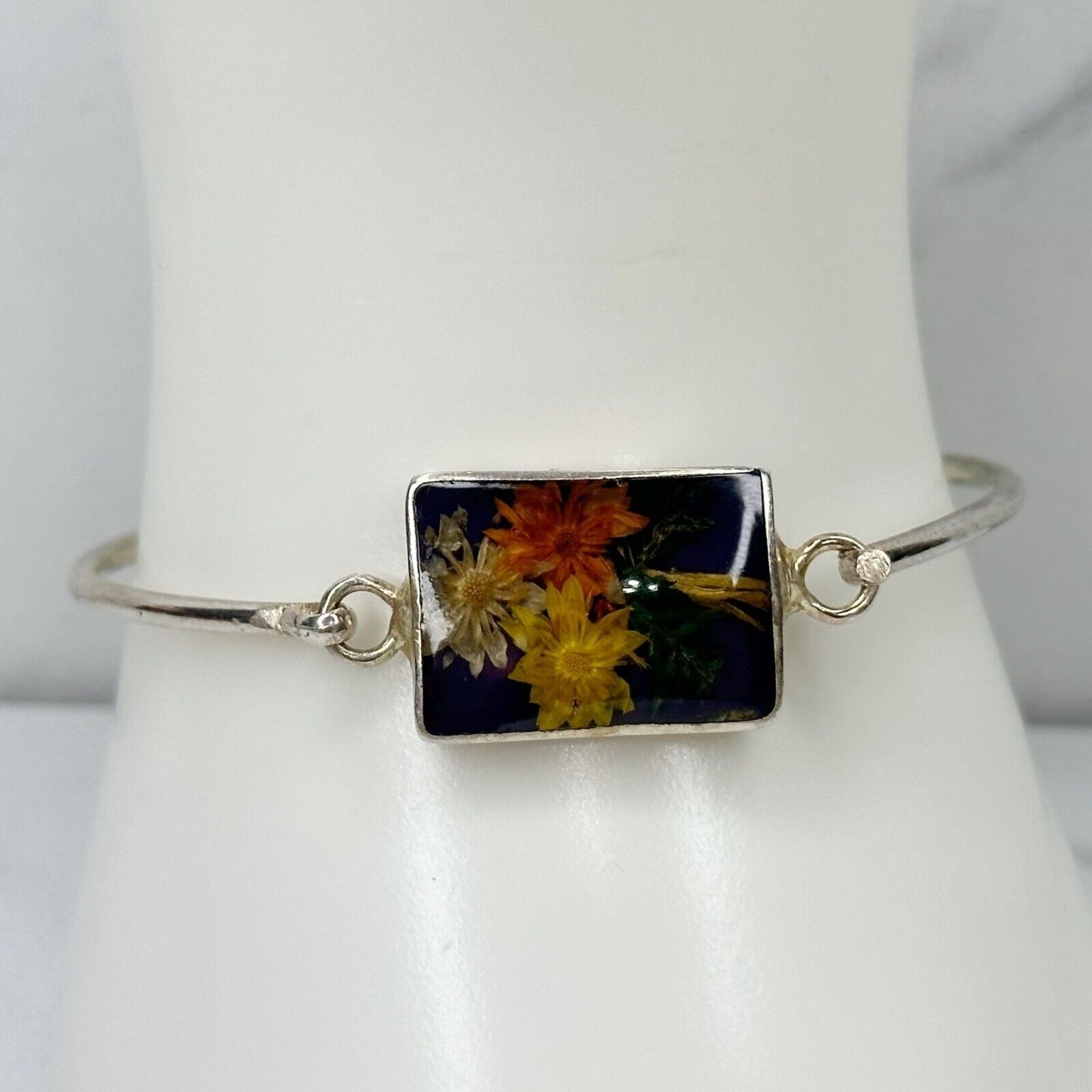 Primary image for Vintage Mexico Alpaca Silver Tone Flower Inlay Hinge Bangle Bracelet