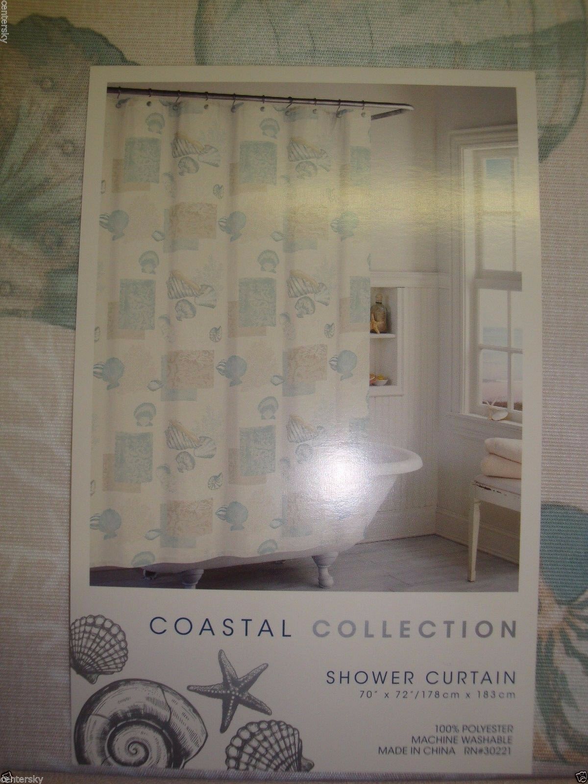 New Coastal Collection Shower Curtain 70 x 72" Seashell Theme Beige/Green/Tan - $39.59