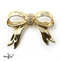 Vintage 2&quot; Graceful Gold Metal Bow Pin w Rhinestones Center in Gift Bag ... - $16.00