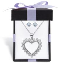 ROUND CZ STUD EARRINGS HEART SHAPED PENDANT NECKLACE STERLING SILVER - £79.08 GBP
