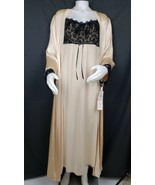 Champagne Satin Peignoir Set S/M Long Sheer Nightgown Gown Velvet Lace T... - €56,48 EUR