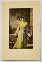 Pretty Lady With Bouquet Colorful Dress Stone Castle Chateau Postcard M26 - £4.67 GBP