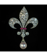 Antique 2Ct Diamond Pearl &amp; Ruby Fleur-De-Lis Brooch Pin in 14k White Go... - $221.21 CAD
