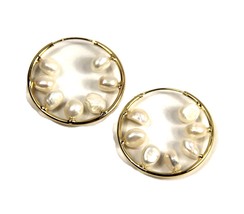 New! 14kt Gold Plate &amp; Genuine Pearl Pierced Hoop Earrings - £51.41 GBP