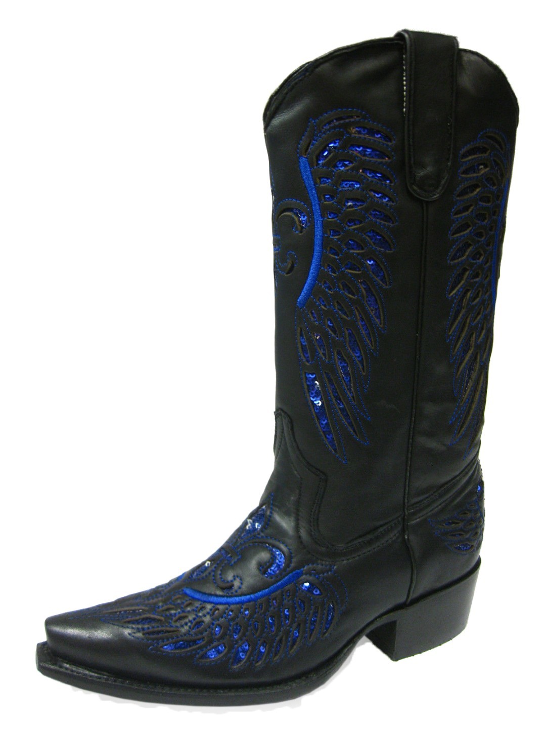 Womens Western Boots Black Leather Blue Sequins Fleur-De-Lis Wings Size ... - $97.00