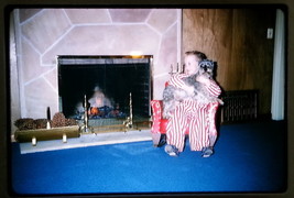 1964 Cute Boy, Holding Terrier Dog, Fireplace, Striped Pajamas Kodachrome Slide - £2.38 GBP