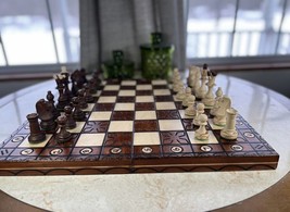 NEW Large Beautiful Detailed 16&quot; Wooden Travel Chess Set Portable folding Board - £68.35 GBP