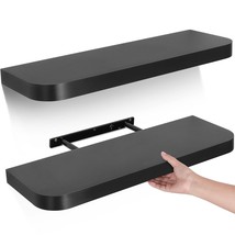 Black Floating Shelves For Wall, 24 Inch Wall Mounted Wood Shelf Set Of 2, Moder - £52.44 GBP