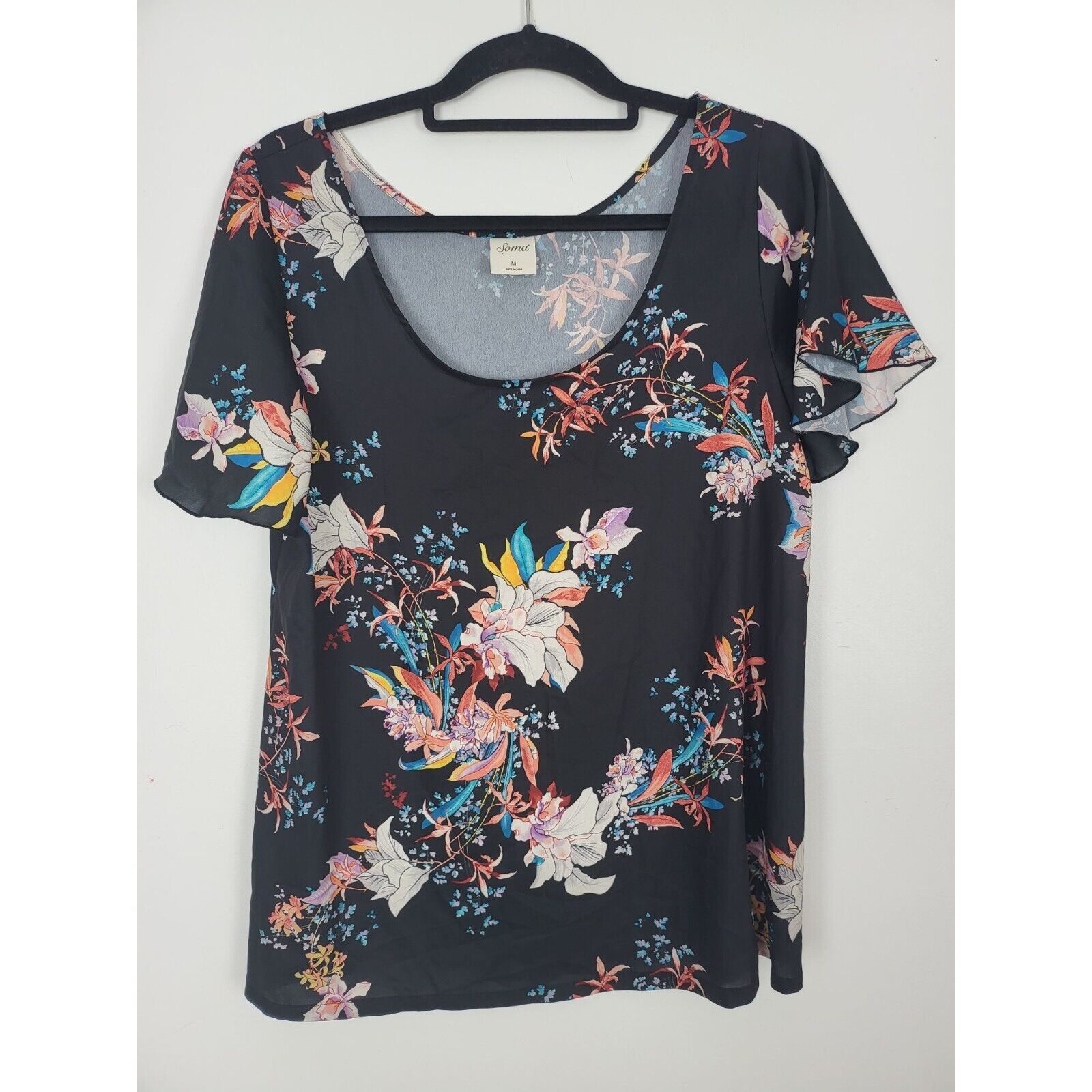 Primary image for Soma Blouse Medium Womens Black Floral Crew Neck Pullover Sheer Top Casual