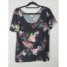 Soma Blouse Medium Womens Black Floral Crew Neck Pullover Sheer Top Casual - $16.71