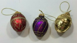 Vintage Glass Set 3 Egg Christmas Tree Ornament Holiday Decor Red Purple Gold - £23.97 GBP