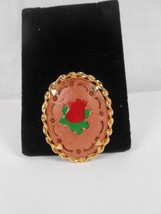 Vintage Tooled Leather Painted Rose Brooch Gold Tone Frame - £7.13 GBP