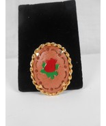 Vintage Tooled Leather Painted Rose Brooch Gold Tone Frame - $181.20 MXN