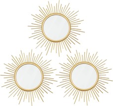 3 Pack Metal Mirrors For Wall Sunburst Wall Mirrors Home Décor, Gold, Sunburst - £32.30 GBP