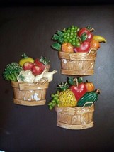 1976 Vintage Set Of 3 Sexton Vegetable Fruit Basket Painted Cast Metal Wall Art  - £23.30 GBP