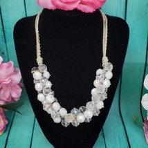 Unsigned Clear &amp; White Faceted Glass Crystal Beaded Silver Tone Cluster Necklace - £13.54 GBP