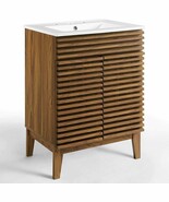 Mid-Century Modern Bathroom Vanity Walnut Grain Laminate Tapered Legs Wh... - $319.99