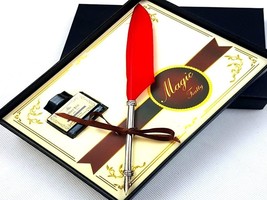 Red Goose feather Quill Pen with Gift Box Ink Bottle without Ink - £10.38 GBP