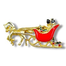 Vintage Santa Sleigh Brooch Red Multicolor Enamel Gold Toned Pin Christmas - £11.15 GBP