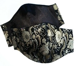 Chic Designer Reversible Face Mask Black Satin Gold Floral Silk Brocade Luxy - £18.54 GBP
