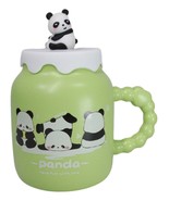 Acrobatic Green Panda Bears Green Mug With Anime Panda Figurine Handle Lid - $17.99