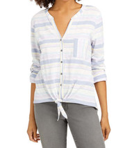 Style &amp; Co Womens Petite Cotton Striped Tie Front Shirt, P/M, White - £22.93 GBP
