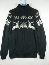 Vtg Lands End Christmas Sweater Black Reindeer Snowflake Nordic Ski Med - £39.95 GBP