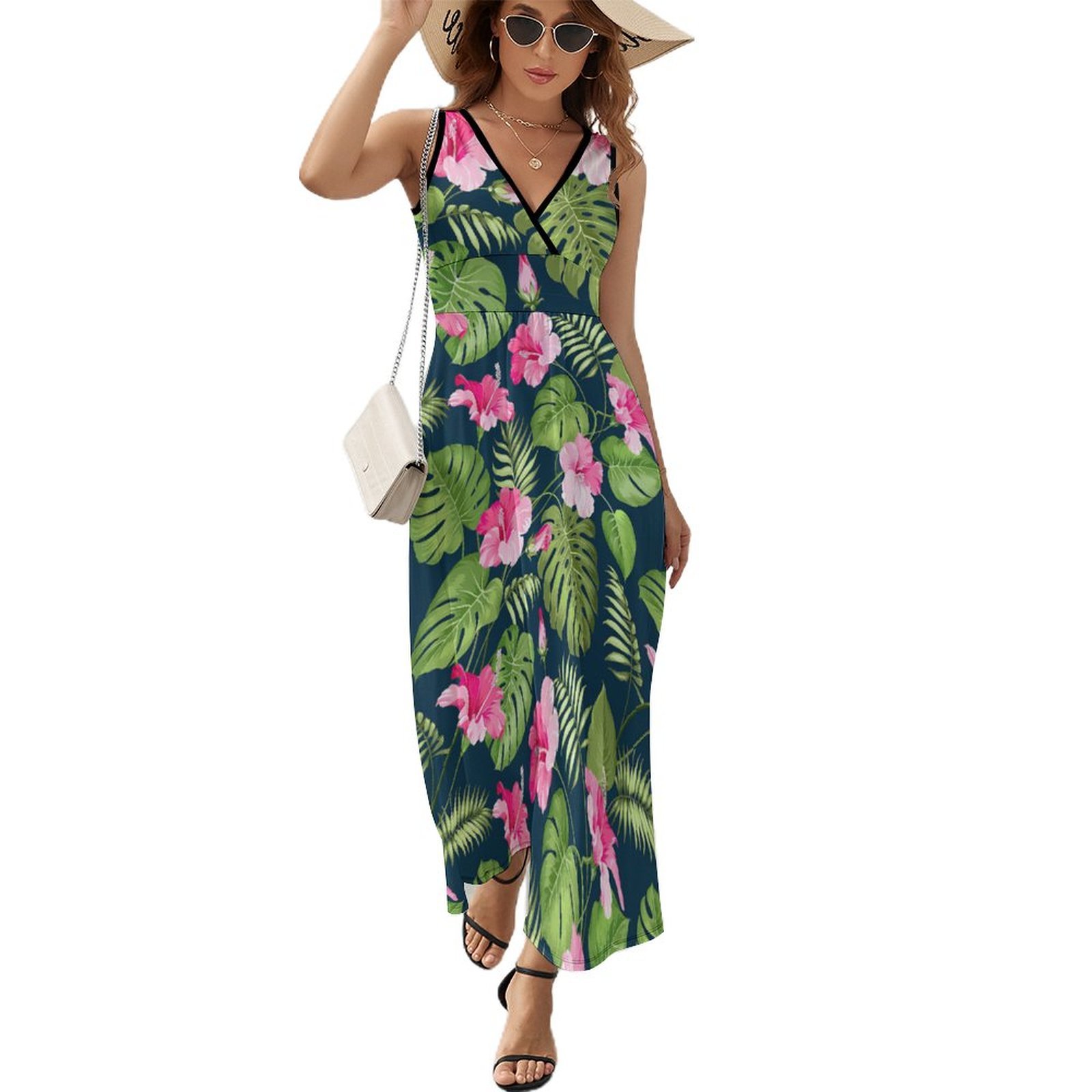 Mondxflaur Jungle Hibiscus Summer Dresses for Women V-neck Sleeveless Long Dress