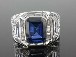 14K White Gold Finish Blue Sapphire Men&#39;s Engagement Wedding Pinky Band Ring - £86.94 GBP