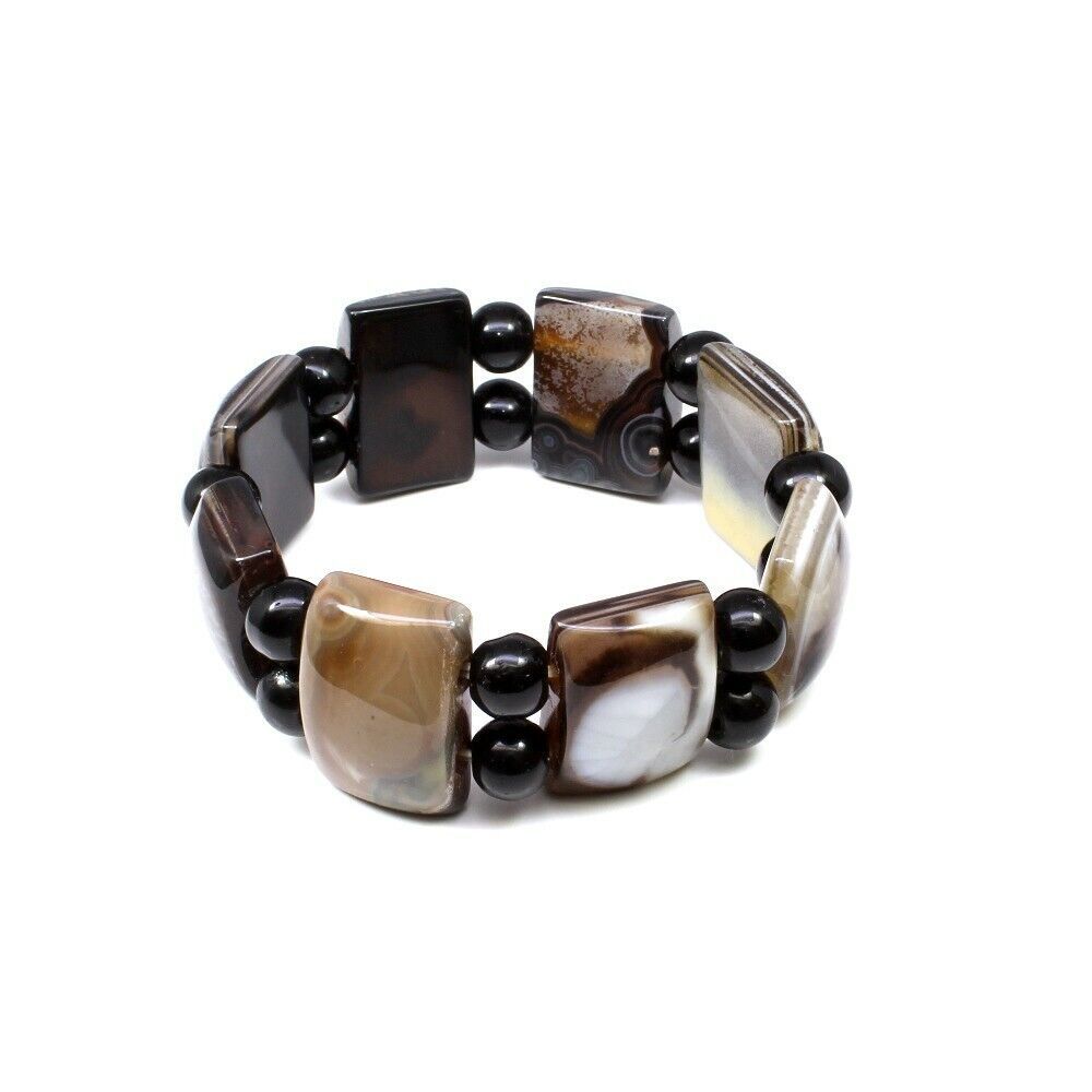 Black grey agate Natural Gemstone Beads Elastic Band Stretchable Bracelet - $19.18