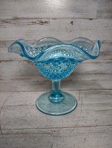 Vintage Hobnail Ruffle Pressed Glass Pedestal Footed Bowl Dish Blue 4 3/4&quot; - $21.08