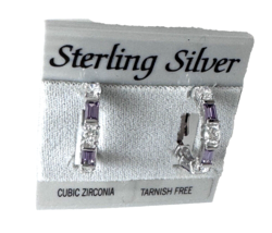 Stunning Solid 925 Sterling Silver Hoop Earrings Lilac &amp; Clear Cubic Zirconias - £12.24 GBP