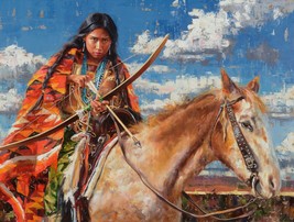 Framed canvas art print giclee female indian warrior with bow and arrow on horse - £32.14 GBP+