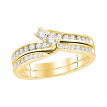 14k Yellow Gold Round Diamond 2-Stone Bridal Wedding Engagement Ring Set - £758.58 GBP