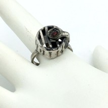 BRUTALIST sterling silver artisan ring - size 8.5 red rhinestone hand crafted 7g - £23.59 GBP